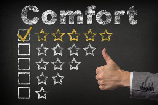 Comfort five 5 star rating. thumbs up service golden rating stars on chalkboard — Stock Photo, Image