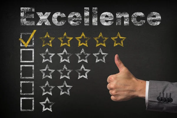 Excellence five 5 star rating. thumbs up service golden rating stars on chalkboard