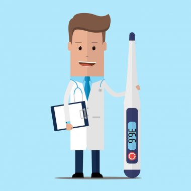 Doktor tıbbi dijital termometre elinde tut. Sağlık kavramı. Vektör çizim