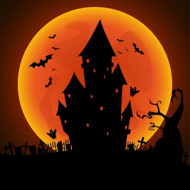 Cadılar Bayramı tasarım arka plan kale, yarasa ve dolunay. Vektör çizim