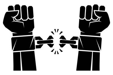 İki el devrim özgürlük sembolü zincirle zincirleri yırtılma yumruk sıktı. İnsan eli ve kırık zinciri. Özgürlük kavramı. Vektör çizim