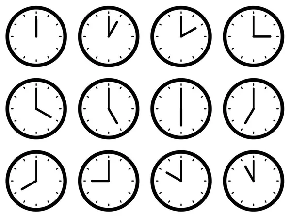 Conjunto de relojes, con los tiempos establecidos a cada hora. Ilustración vectorial — Vector de stock