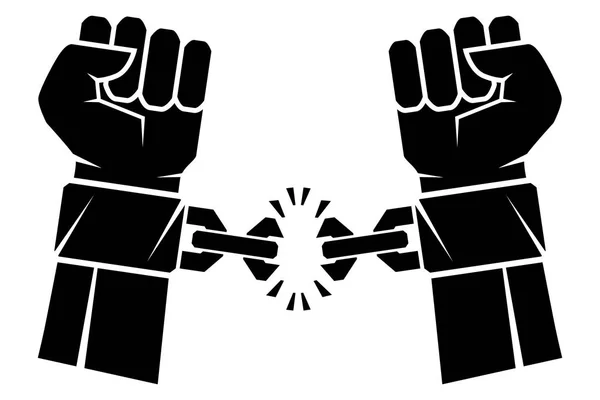 İki el devrim özgürlük sembolü zincirle zincirleri yırtılma yumruk sıktı. İnsan eli ve kırık zinciri. Özgürlük kavramı. Vektör çizim — Stok Vektör