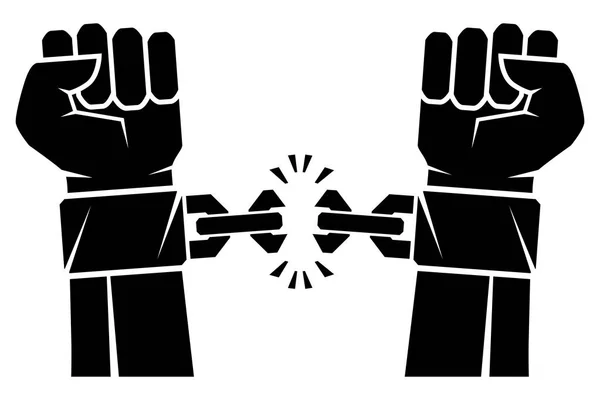 Dos manos apretadas en un puño rasgando cadenas que encadenaban el símbolo de la revolución de la libertad. Manos humanas y cadena rota. Concepto Libertad. Ilustración vectorial — Archivo Imágenes Vectoriales