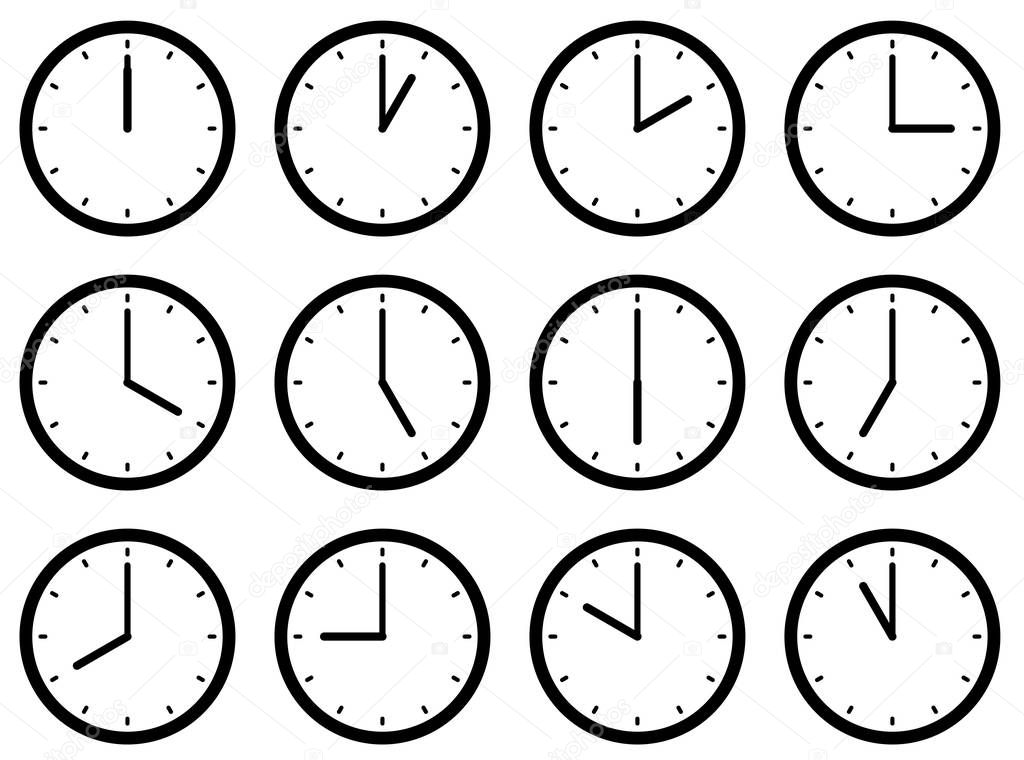 Set of clocks, with the times set at every hour. Vector illustration