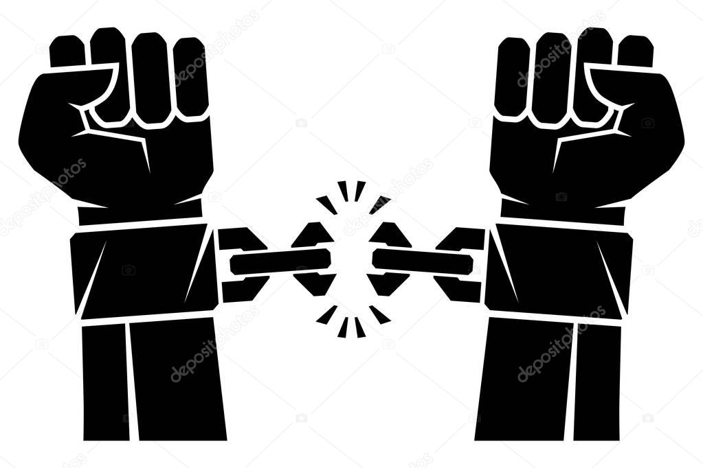 Two hands clenched into a fist tearing chains that they shackled the symbol of the revolution of freedom. Human hands and broken chain .Freedom concept.Vector illustration