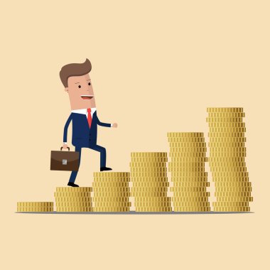İşadamı para merdivenlerden tırmanıyor. Gelir artışı sembolü. İş kavramı. Vektör çizim