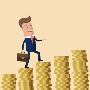 İşadamı para merdivenlerden tırmanıyor. Gelir artışı sembolü. İş kavramı. Vektör çizim