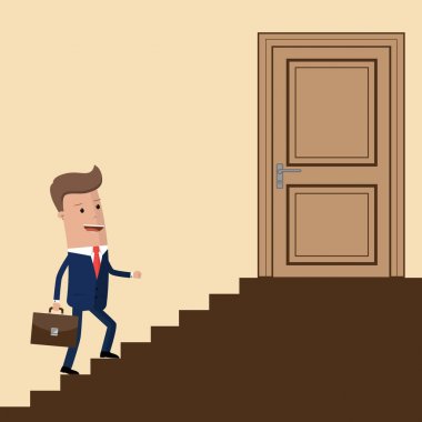 Businessman going up the stairs to door. Businessman stepping up a staircase to success. Business Concept. Vector illustration vector Businessman going up the stairs to door. Businessman stepping up a staircase to success. Business Concept. Vector illustration vector