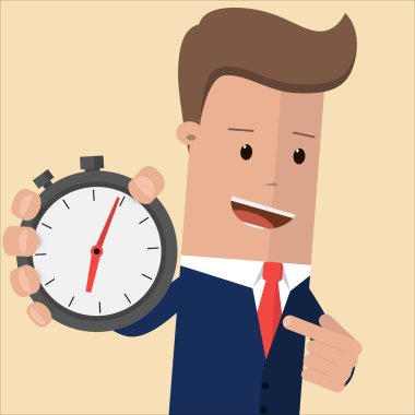 Bir kronometre ona parmağıyla işaret tutan bir iş adamı. Zaman yönetimi kavramı. Zaman kontrol, planlama. Vektör çizim
