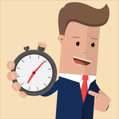 Bir kronometre ona parmağıyla işaret tutan bir iş adamı. Zaman yönetimi kavramı. Zaman kontrol, planlama. Vektör çizim