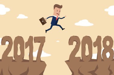 2017 ve 2018 arasında atlama iş adamı. Mutlu yeni yıl 2018. Yeni yıl yeni illüstrasyon vektör kavramı, başlayan