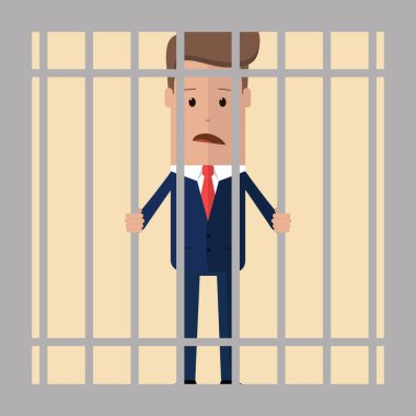 İşadamı cezaevi parmaklıklar arkasında kilitli. İş adamı hapiste parmaklıklar arkasında onun ellerini tutar. Vektör çizim