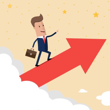 İşadamı binmek büyüme ok grafik bulut üzerinde bir sürü para almak. Başarı kavramı. Vektör çizim.