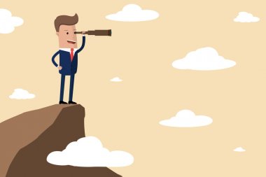 Uçurum kenarı dağ bakarak başarı, fırsatları, gelecekteki iş eğilimleri için teleskop kullanarak iş adamı kürsüye. Vizyon kavramı. Vektör çizim