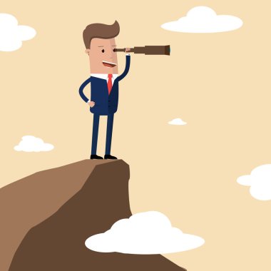 Businessman stand on cliff edge mountain using telescope looking for success, opportunities, future business trends. Vision concept. Vector Illustration clipart