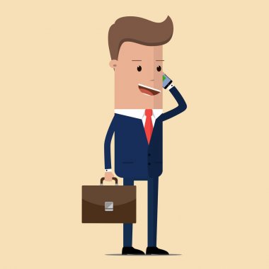 Bir cep telefonuyla konuşurken elinde bir çanta ile iş adamı. Cep telefonuyla konuşurken Yöneticisi. İş promosyon kavramı. Vektör çizim