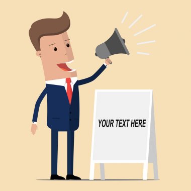 Hoparlörü ile işadamı boş bir billboard duruyor. Vektör çizim