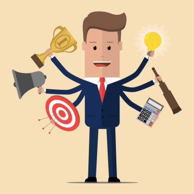 Çoklu görev ve çok beceri ile iş adamı. Altı el ile iş adamı. Vektör çizim