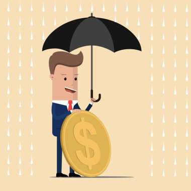 İşadamı şemsiye yağmur ile onun altın sikke korur. Güvenli yatırım, para tasarrufu. Vektör çizim