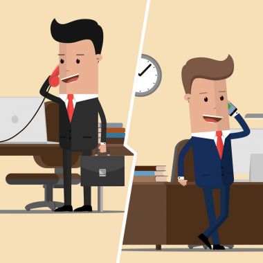 İki iş adamları birbirleri ile telefonla iletişim. İletişim kavramı. Vektör çizim