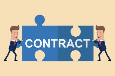 İki işadamları Holding öğeleri metin sözleşme ile bulmaca. Ortaklık kavramı. Vektör çizim