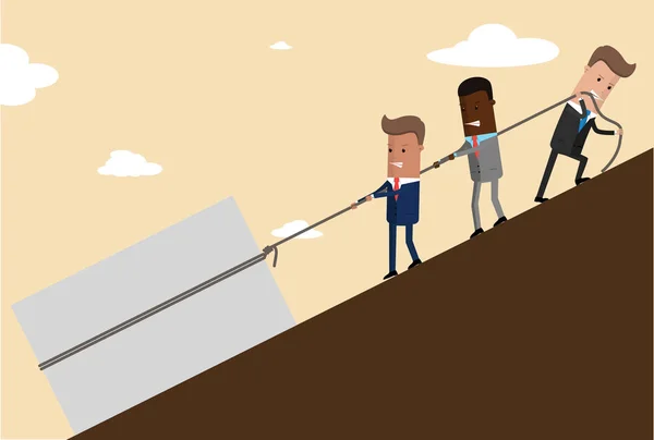Uma equipa de empresários está a puxar uma montanha amarrada por uma corda numa montanha. Conceito de negócio de trabalho em equipe. Ilustração vetorial — Vetor de Stock