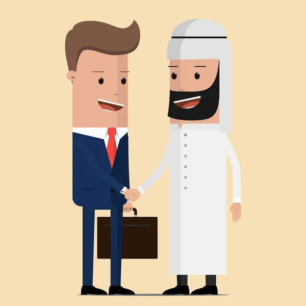 Obchodní dohoda handshake s arabské a Evropské podnikatel. Olej černého zlata koncept. Vektorové ilustrace — Stockový vektor