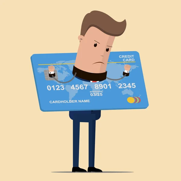 Zakenman gevangen door de schuld van een credit card. Business en Financiën concept. Vectorillustratie — Stockvector
