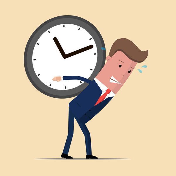 Бизнесмен с огромными часами на спине. Векторная иллюстрация

