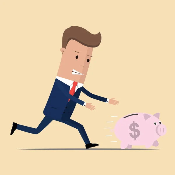 El hombre de negocios atrapa alcancías. Concepto de ahorro de dinero. Ilustración vectorial — Vector de stock