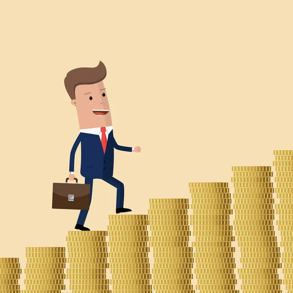 Un homme d'affaires monte les escaliers de l'argent. Symbole de croissance des revenus. Concept d'entreprise. Illustration vectorielle — Image vectorielle