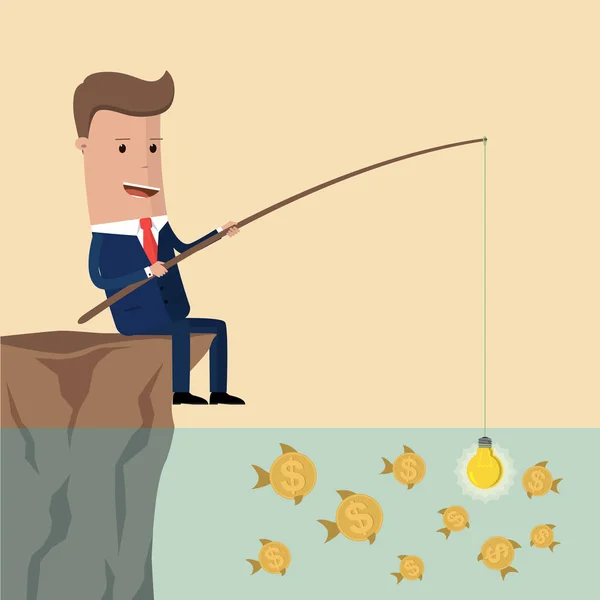 Un uomo d'affari che pesca soldi in dollari. Innovazione, strategia e concetto di investimento. Idea che attrae denaro e denaro che attrae idee. Illustrazione vettoriale — Vettoriale Stock