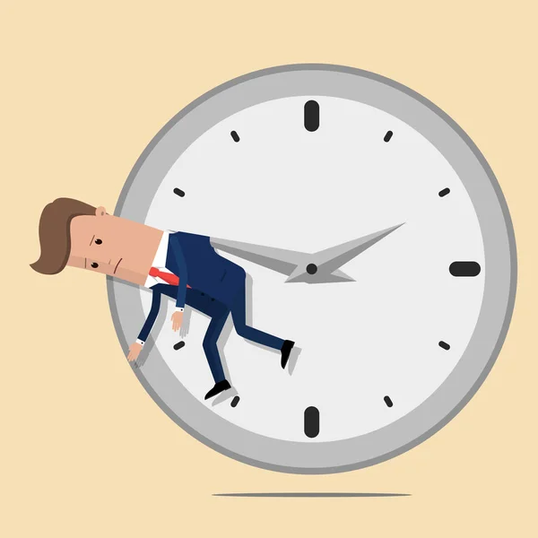 El hombre de negocios cuelga de una flecha del reloj. Ilustración vectorial — Vector de stock