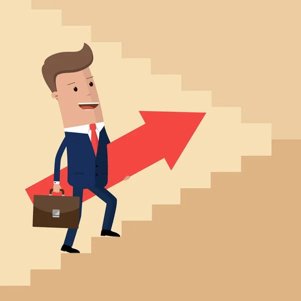 Empresario sosteniendo un letrero de flecha, subiendo las escaleras. El crecimiento del concepto empresarial y el camino hacia el éxito. Ilustración vectorial — Vector de stock