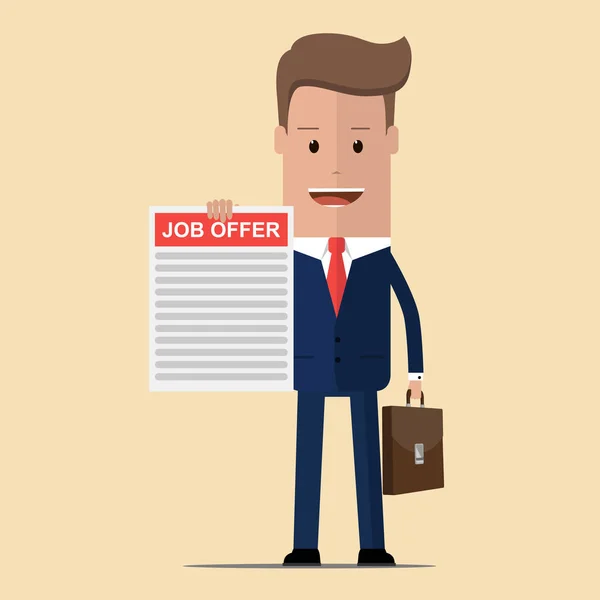 Homme d'affaires tenant en main une offre d'emploi. Concept de recrutement. Cherchez un employé, chers collègues. Illustration vectorielle — Image vectorielle