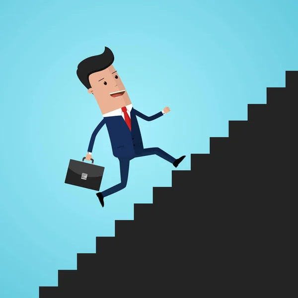 Unternehmer klettert Karriereleiter hinauf. Mensch im Anzug mit Aktentasche rennt Treppe hinunter. Treppe zum Erfolg. Konzept Geschäftswachstum. Vektorillustration — Stockvektor