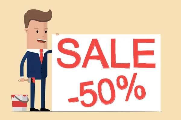 Επιχειρηματίας σχέδιο «πώληση 50%», καλεί σε μεγάλη πώληση, εκπτώσεις, χαμηλές τιμές. Εικονογράφηση διάνυσμα — Διανυσματικό Αρχείο
