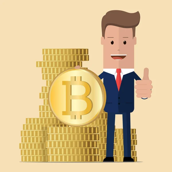 Businessman is standing with bitcoin and holding thumb up. Bitcoin and blockchain advancement. Vector illustration — Stock Vector