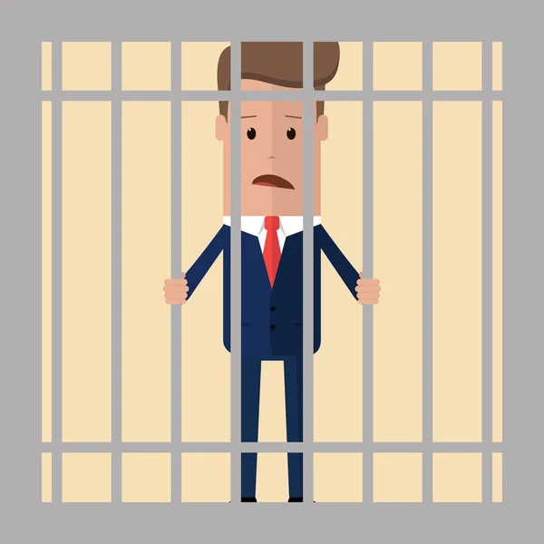 Üzletember börtönben ketrecbe zárt. Üzletember a börtönben tartja a kezét a rács mögött. Vektoros illusztráció — Stock Vector