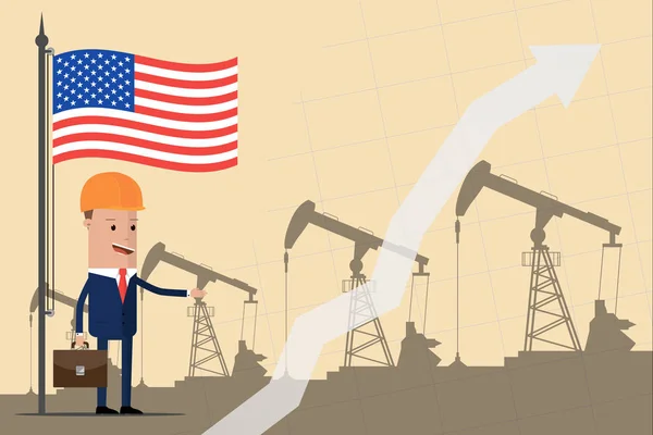 Бизнесмен или политик в шлеме под американским флагом на фоне нефтяных насосов. Рост прибыли от нефтяной промышленности. Векторная иллюстрация — стоковый вектор