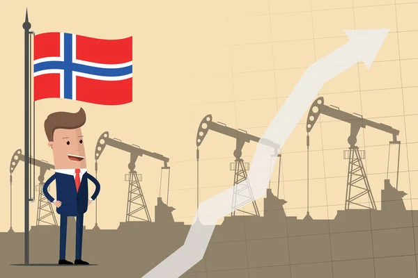 Бизнесмен или политик под флагом Норвегии на фоне нефтяных насосов. Рост прибыли от нефтяной промышленности. Векторная иллюстрация — стоковый вектор