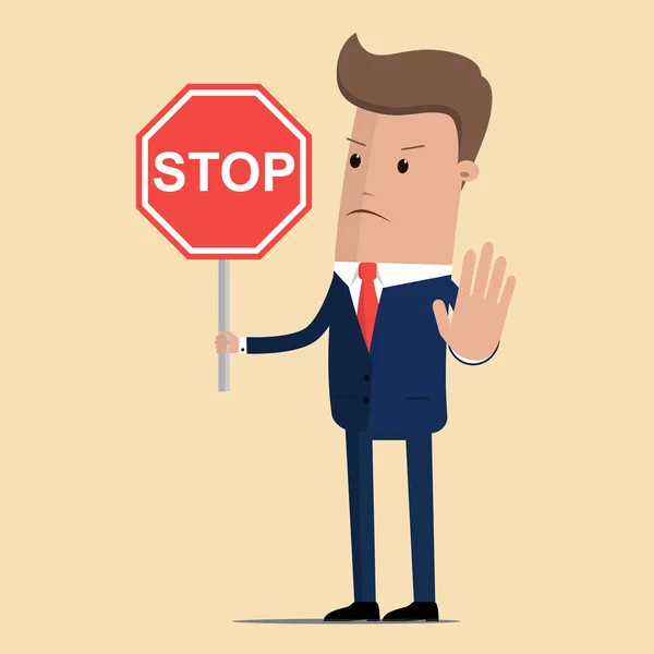 Empresário a mostrar sinal de stop road. Homem de negócios sério com sinal de stop road. Ilustração vetorial — Vetor de Stock