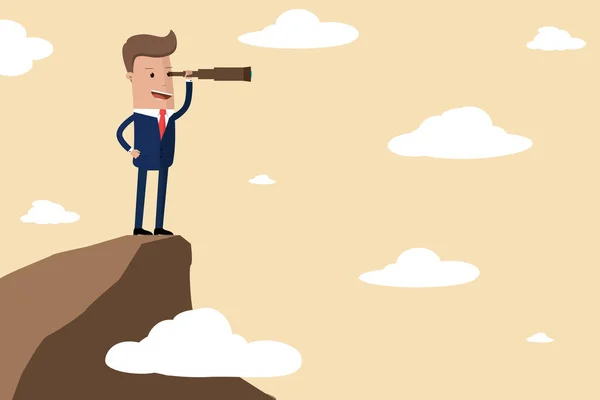 Uçurum kenarı dağ bakarak başarı, fırsatları, gelecekteki iş eğilimleri için teleskop kullanarak iş adamı kürsüye. Vizyon kavramı. Vektör çizim