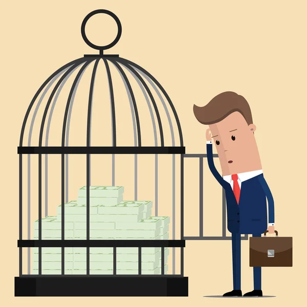 El hombre de negocios está cerca de la jaula con dinero. Ilustración vectorial — Archivo Imágenes Vectoriales