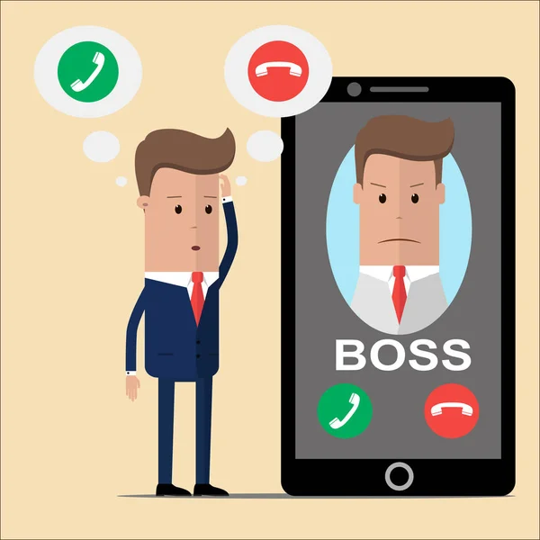 Επιχειρηματίας σκέφτεται να λάβετε μια κλήση το αφεντικό, είτε όχι. Εικονογράφηση διάνυσμα — Διανυσματικό Αρχείο