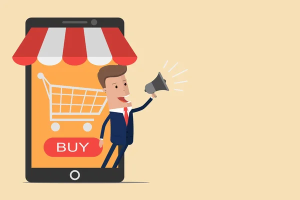 Geschäftsmann mit Online-Store-Konzept auf dem Smartphone. Business und digitales Marketingkonzept. mobiles Einkaufen. Vektorillustration — Stockvektor