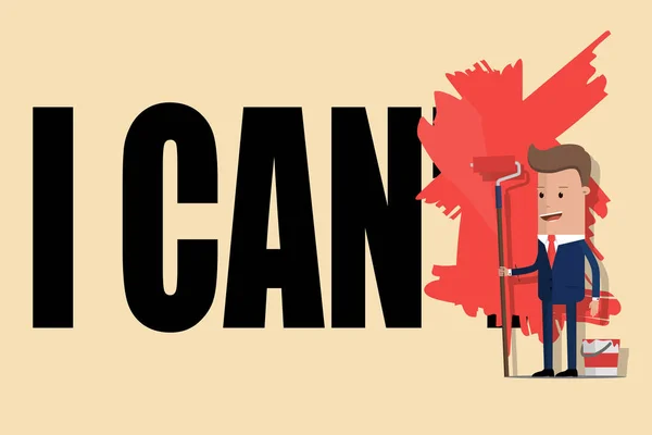 Geschäftsmann korrigierte mit Hilfe von Farbe den Text "Ich kann nicht" zu "Ich kann". Vektorillustration — Stockvektor