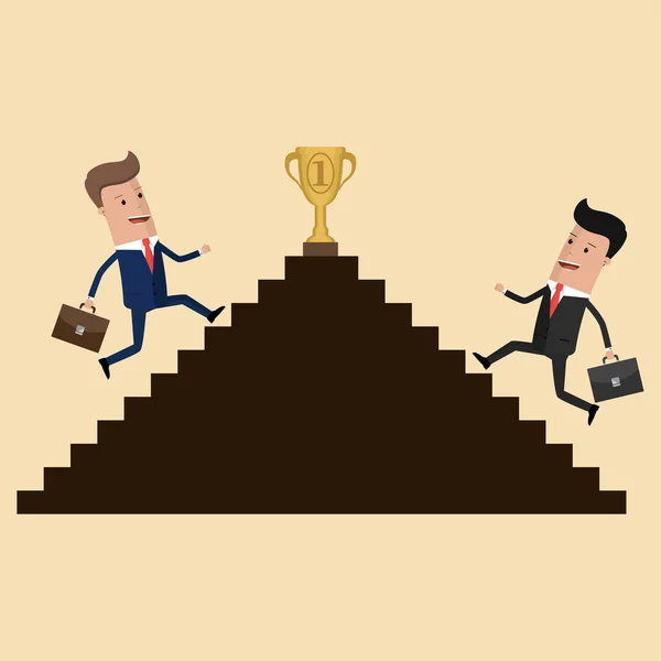 Empresarios subiendo escaleras hasta la copa de oro ganador concepto de competencia de éxito. Ilustración vectorial — Vector de stock