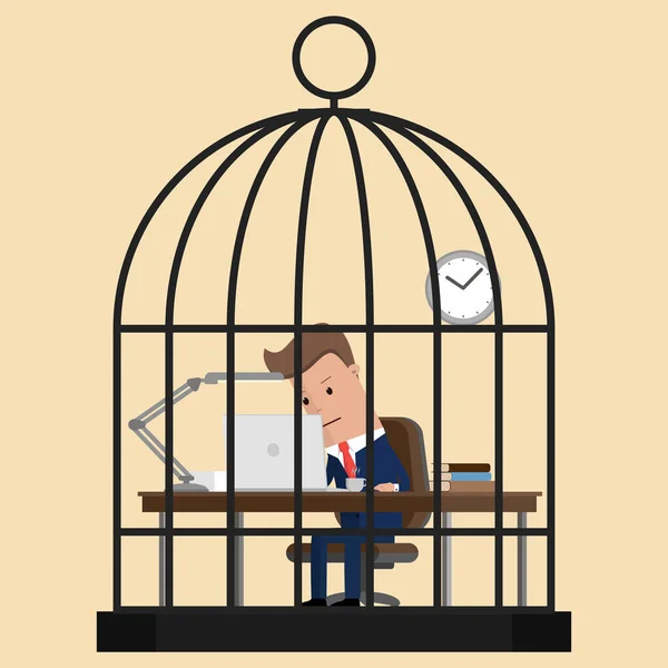 Empresario trabajando duro en jaulas de pájaros. Ilustración vectorial — Vector de stock